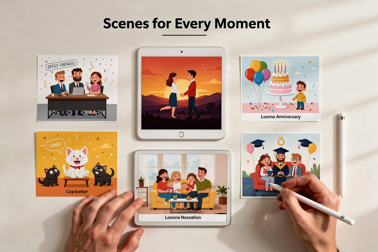 Personalised Cartoon Scenes | Send A Scene custom animated gift scenes for every occasion including birthdays, anniversaries, and celebrations