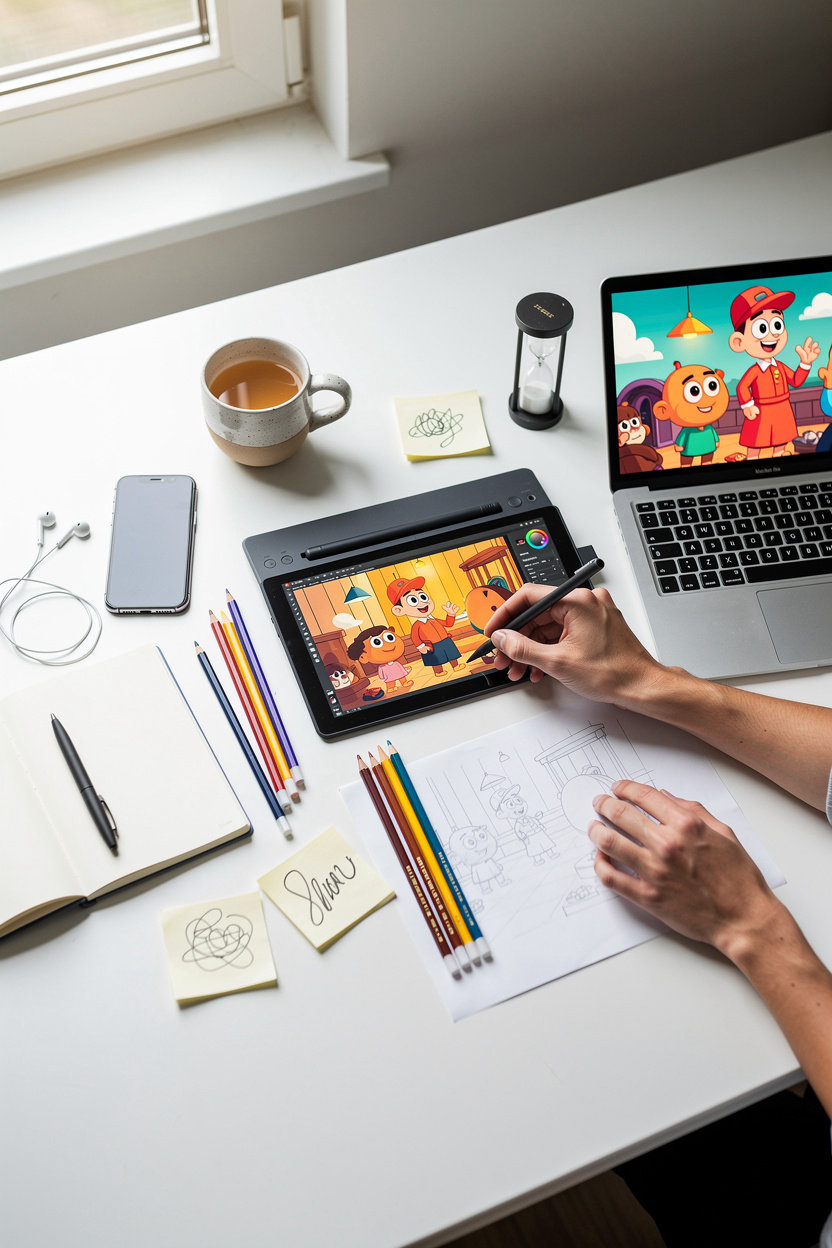 Personalised Cartoon Scenes | Send A Scene custom animation creation process showing character design and scene transformation