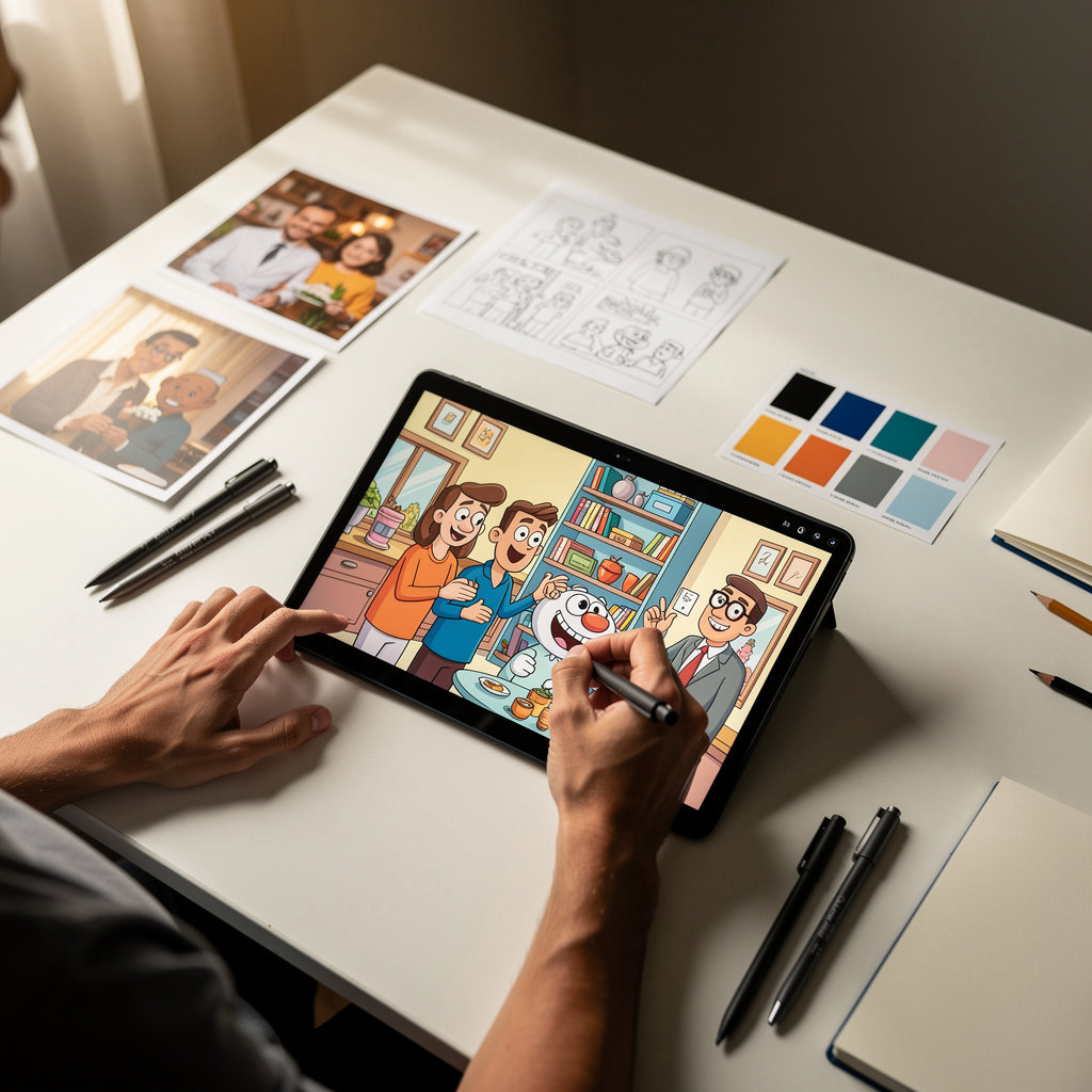 Personalised Cartoon Scenes | Send A Scene creative team crafting custom animated cartoon scenes from customer photos and memories
